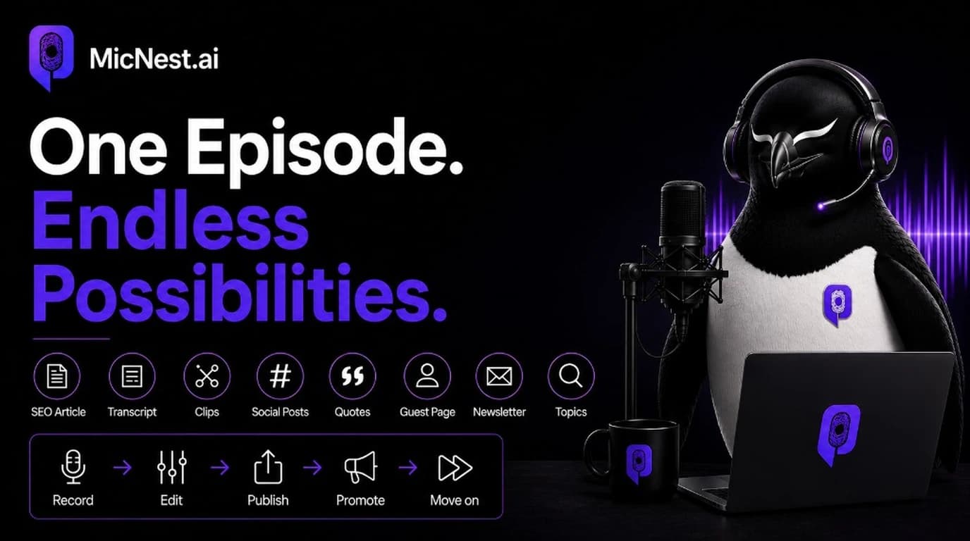 One Episode. Endless Possibilities. MicNest penguin mascot at a podcast desk with headphones and mic; icons for SEO article, transcript, clips, social posts, quotes, guest page, newsletter, and topics.