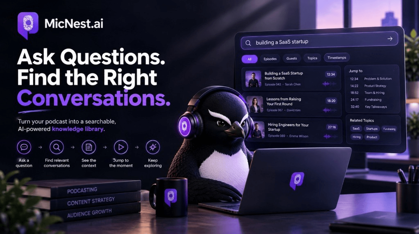Ask Questions. Find the Right Conversations. MicNest.ai penguin with headset searching a podcast knowledge library — episodes, guests, topics, and jump-to-moment results.