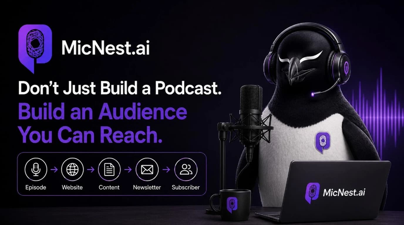 Don't Just Build a Podcast. Build an Audience You Can Reach. MicNest penguin mascot with headset at a desk with microphone and laptop, plus workflow from Episode to Website to Content to Newsletter to Subscriber.