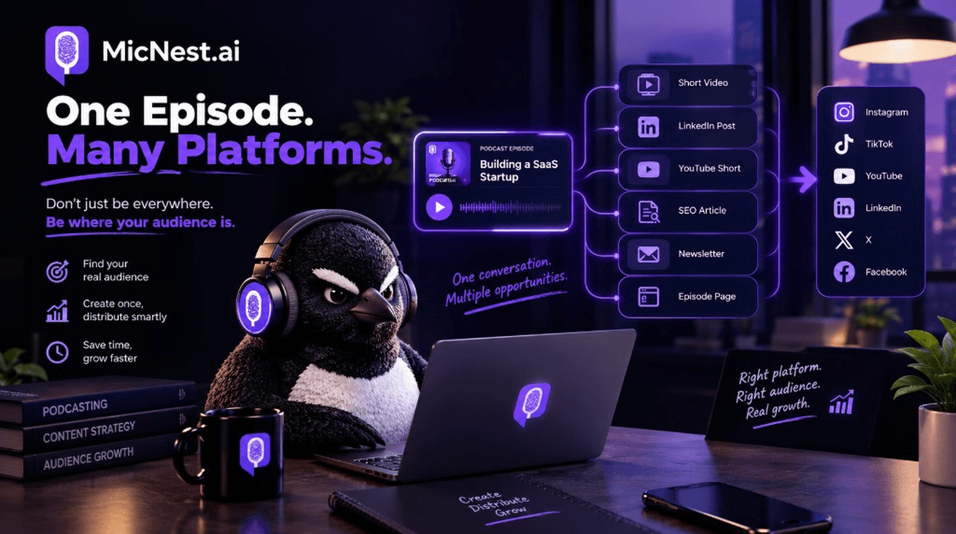 One Episode. Many Platforms. MicNest penguin at a desk beside a flow from one SaaS episode into short video, LinkedIn, Shorts, article, newsletter, and episode page.