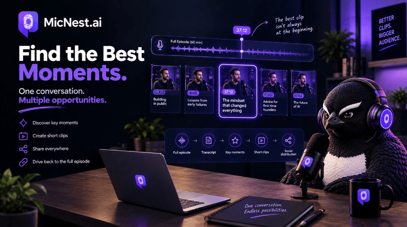 Find the Best Moments. MicNest.ai penguin with headset beside a 60-minute episode timeline highlighting clip 37:12 and a workflow from full episode to social distribution.