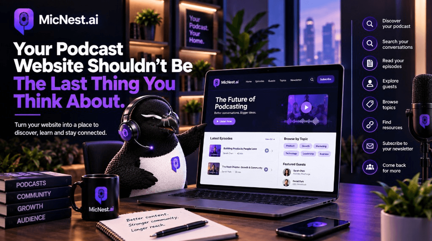 Your Podcast Website Shouldn't Be The Last Thing You Think About. MicNest.ai penguin with headset pointing at a laptop podcast website — discover, search, read episodes, explore guests, browse topics, subscribe.