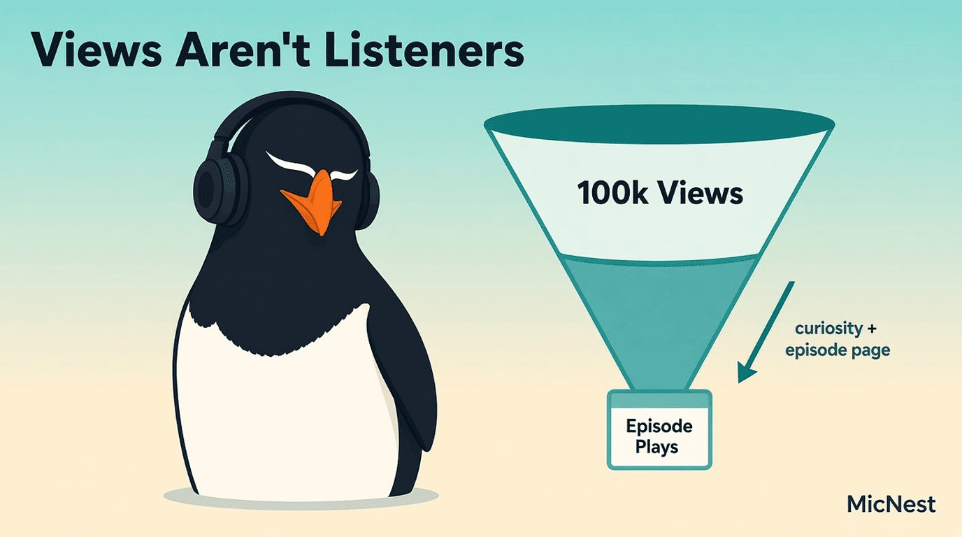 Why Podcast Clips Get Views but Not Listeners. MicNest.ai penguin with headset beside a funnel from clip views to episode plays.