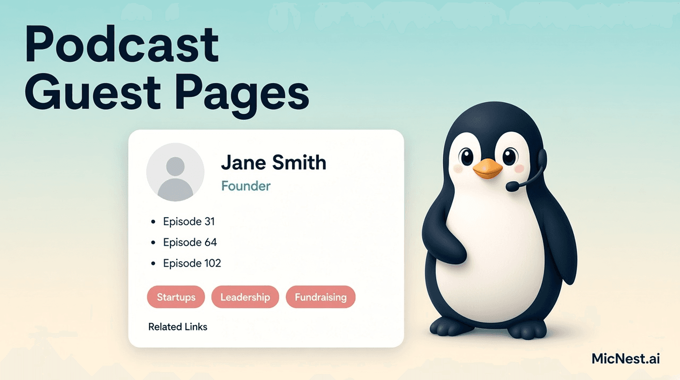 Podcast Guest Pages. MicNest.ai penguin with headset beside a guest profile connecting episodes, topics, and related content.